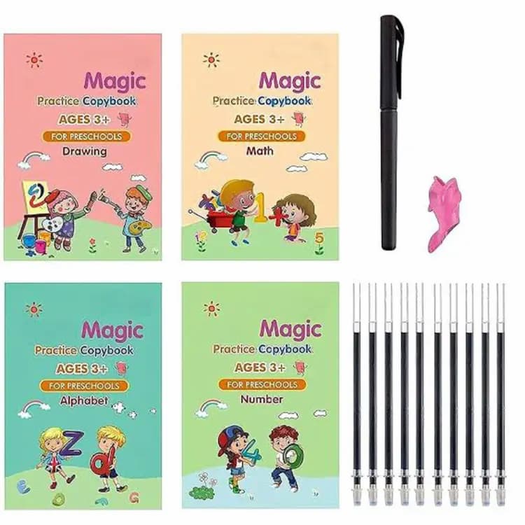 Reusable Sank Magic Practice Copybook Montessori Reusable Magic Books for Kids Handwriting Free Wiping Calligraphy Montessori Practice Copy Books (4 Magic Books + 1Magic Pen + 10 Refills + 1Grip - Online Shopping in Pakistan: Beauty, Fashion, Electronics, Sports & Lifestyle, VR, Skincare