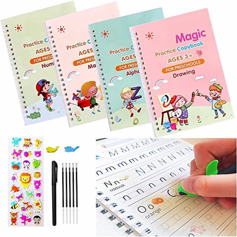 Reusable Sank Magic Practice Copybook Montessori Reusable Magic Books for Kids Handwriting Free Wiping Calligraphy Montessori Practice Copy Books (4 Magic Books + 1Magic Pen + 10 Refills + 1Grip - Online Shopping in Pakistan: Beauty, Fashion, Electronics, Sports & Lifestyle, VR, Skincare